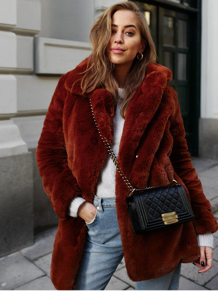 Long Fashionable Plush Fur Warm Loose Jacket Winter