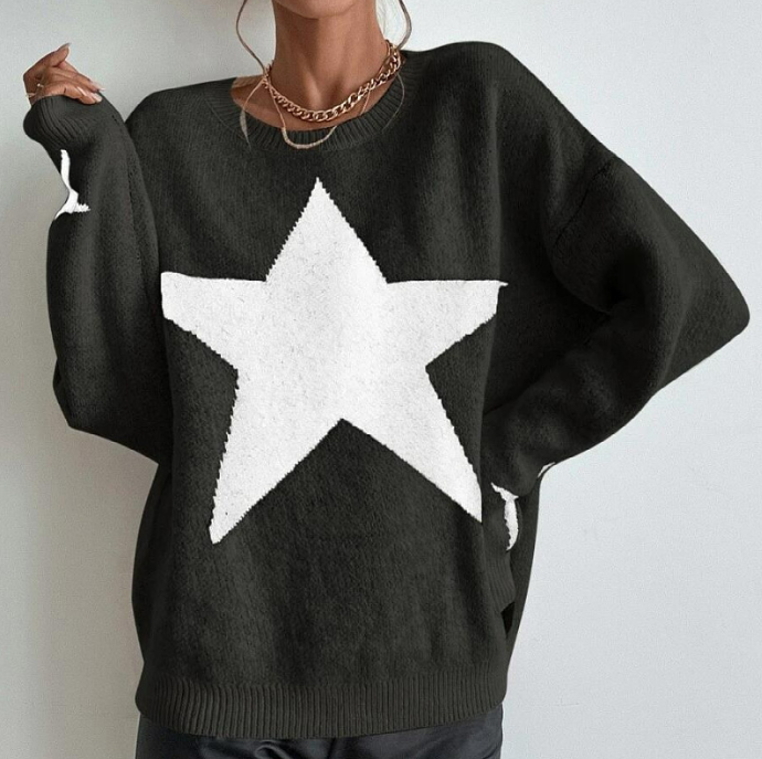 Star Print Long Sleeve Women's Sweater with Round Neck