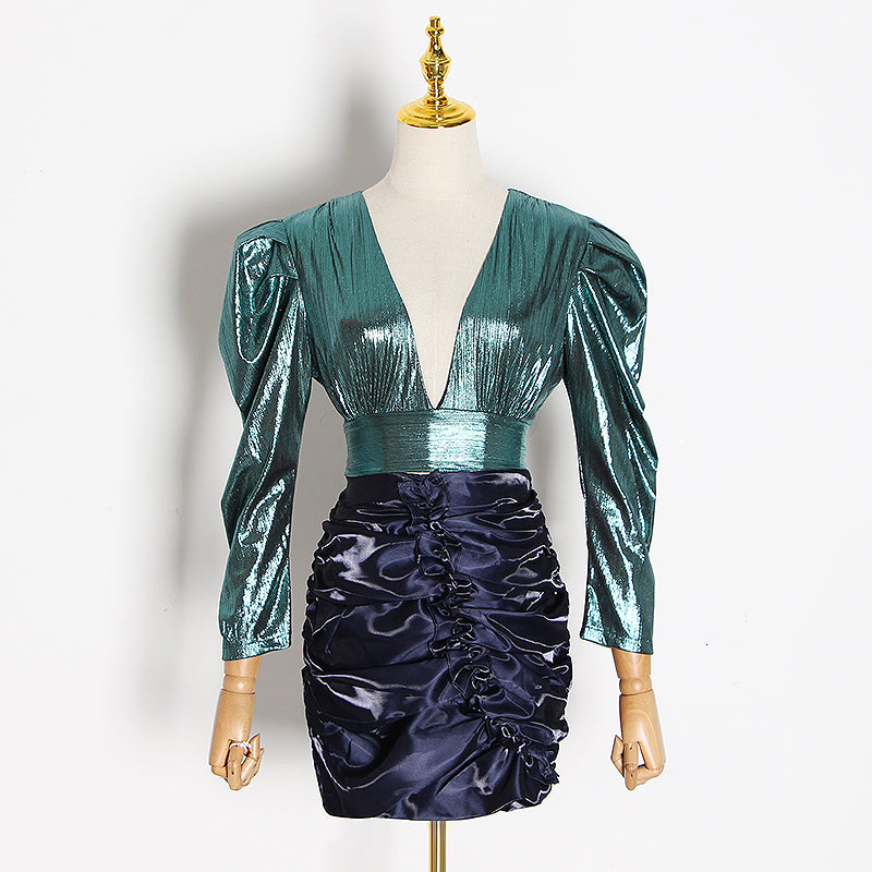 Stylish V-Neck Crop Top & High-Waisted Skirt Set