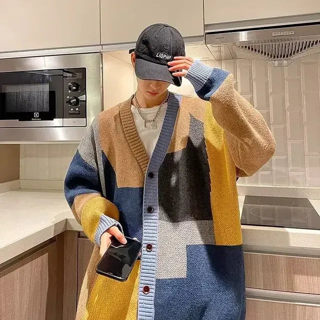 90s Vintage Red V-Neck Knit Sweater for Men