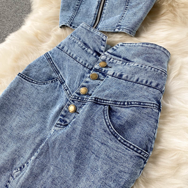 2020 New Women's Ins Style Crop Top & Denim Skirt Set