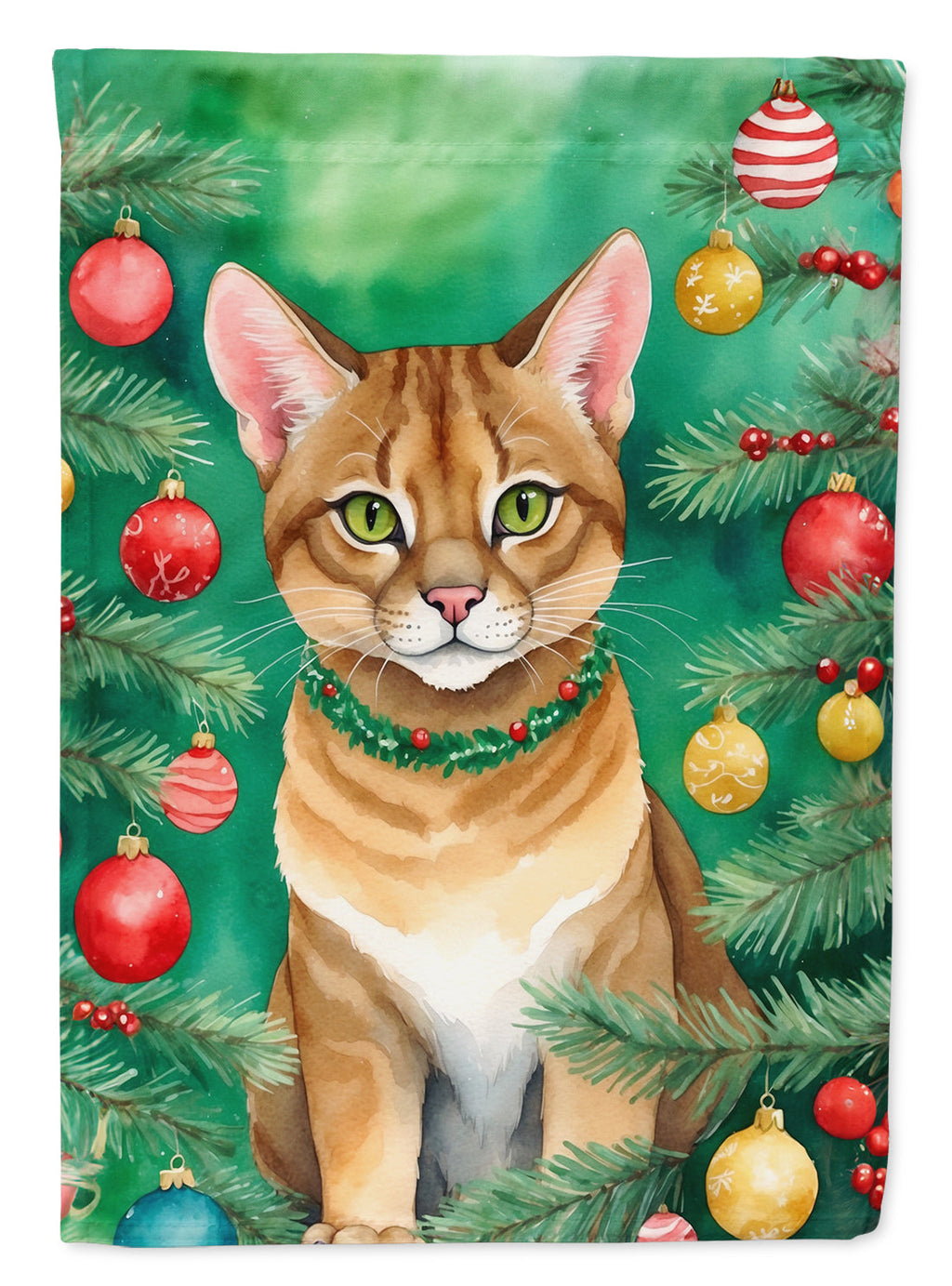 Chausie Cat By the Christmas Tree House Flag