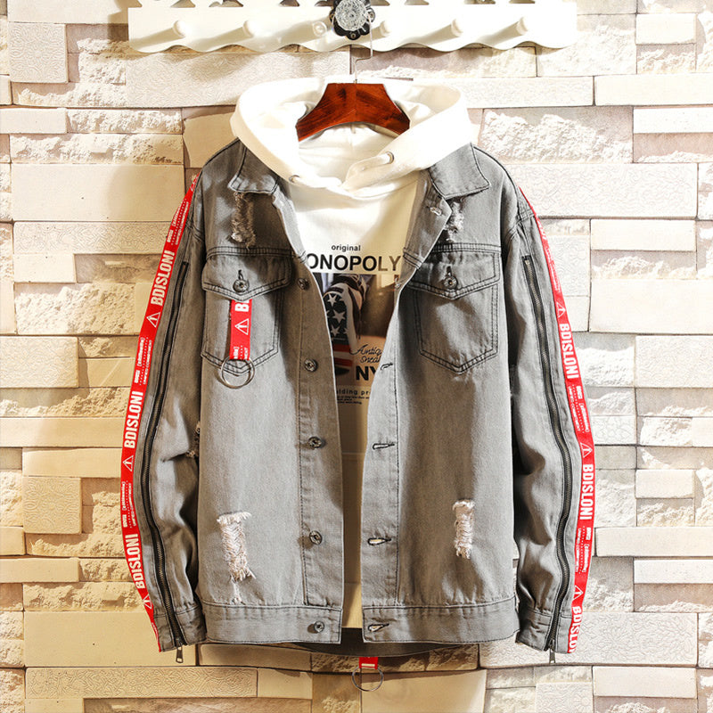 Retro Denim Jacket for Men with Letter Print Design