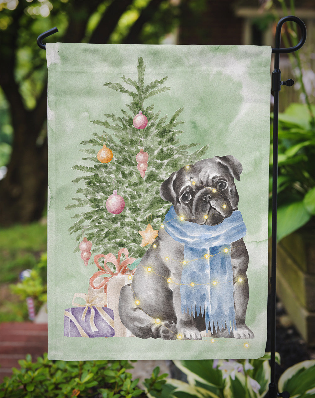 Pug Black Christmas Presents and Tree Garden Flag