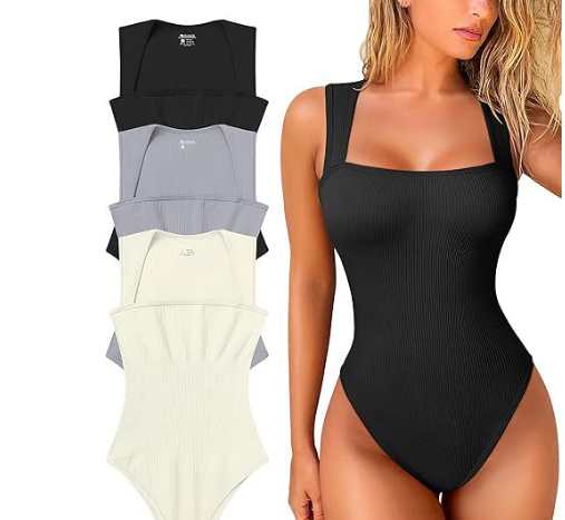 Sexy Ribbed Strappy Square Neck Bodysuit for Women