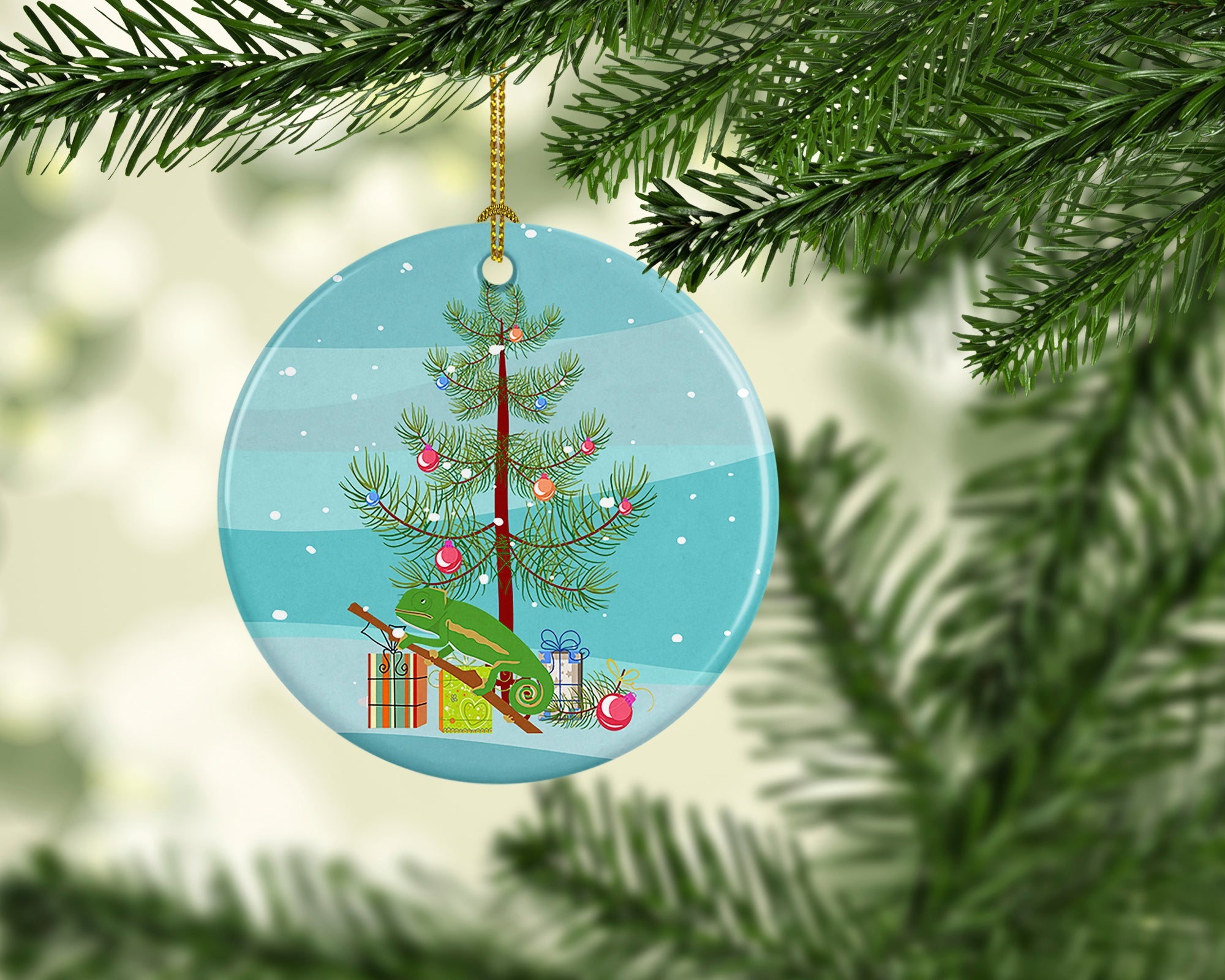 Chameleon Merry Christmas Ceramic Ornament