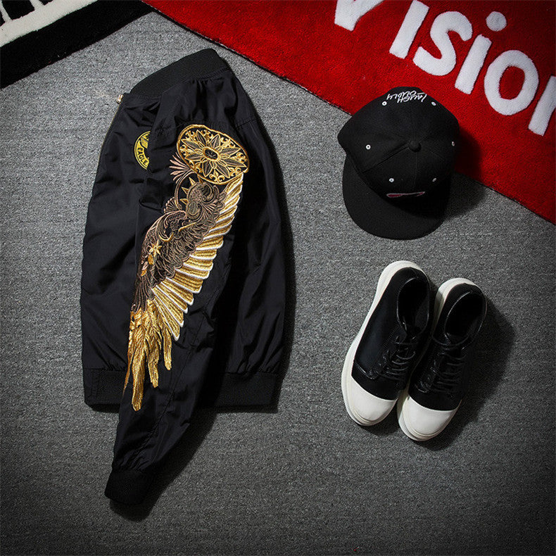 Men's Spring Hip Hop Gold Wings Embroidered Bomber Jacket