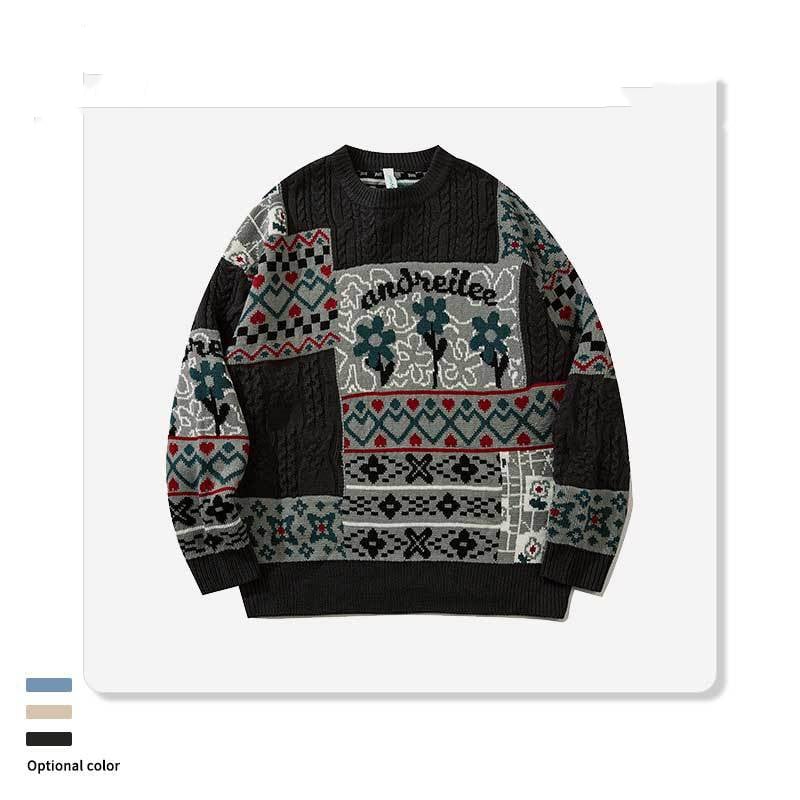 Jacquard Pattern Casual Loose Round Neck Knitted Sweater