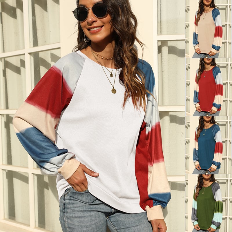 Rainbow Long-Sleeved Casual Stitching Pullover Blouse | Streetwear