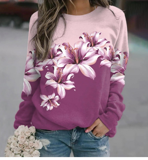 Women's Printed Round Neck Long Sleeve Pullover | Streetwear