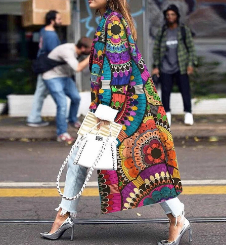 Women's Long Loose Print Double Breasted Trench Coat