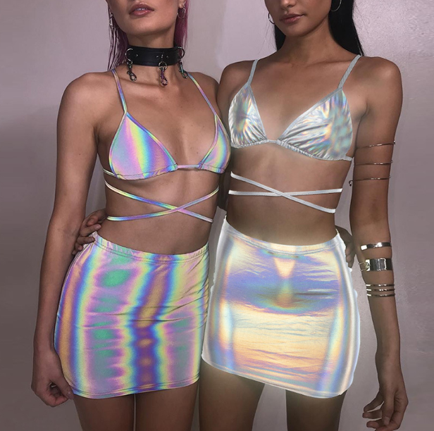 Shiny Silver Bodycon Skirt and Camisole Set