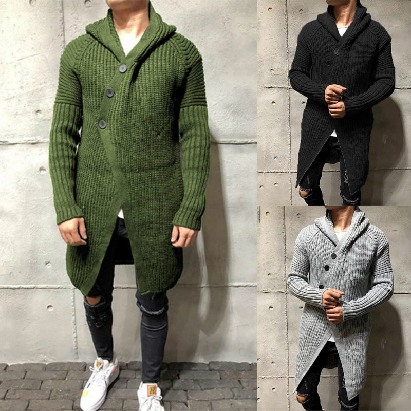 Hooded Long Knit Cardigan in Solid Color Sweater