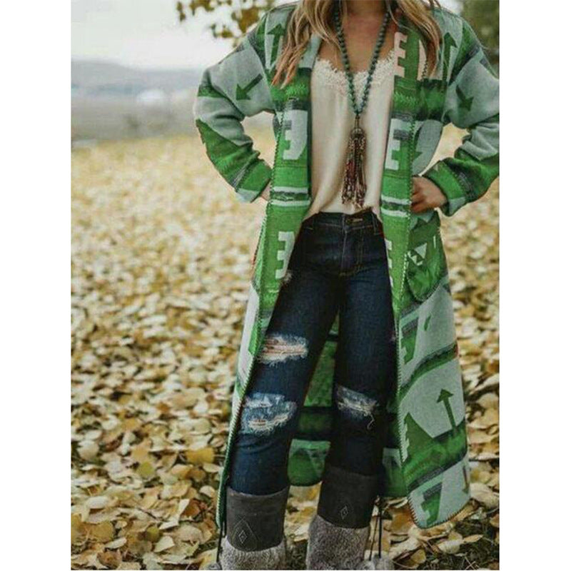 Printed Long Sleeve Woolen Coat