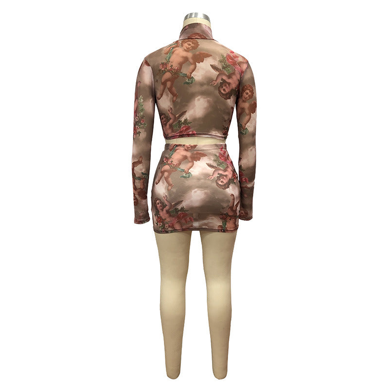 Printed Sheer Mesh Two-Piece Dress Set with Angel Design
