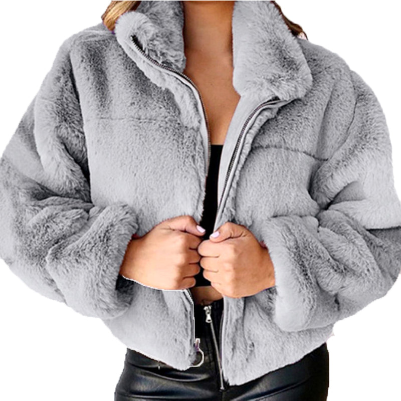 Elegant Women's Faux Fur Coat with Zipper and Collar