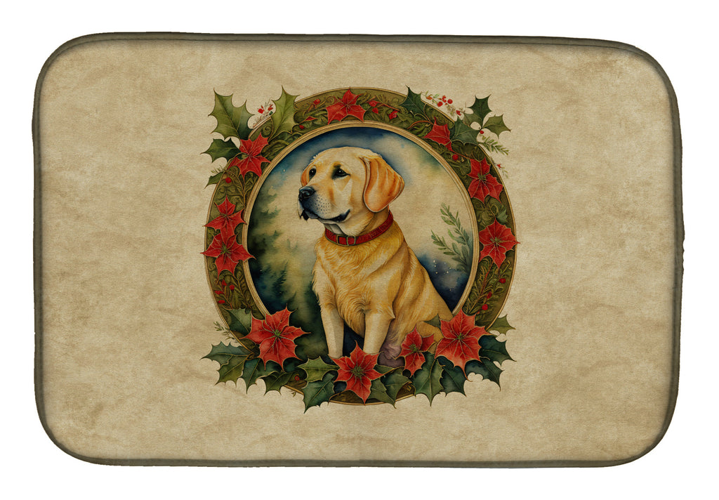 Labrador Retriever Christmas Flowers Dish Drying Mat