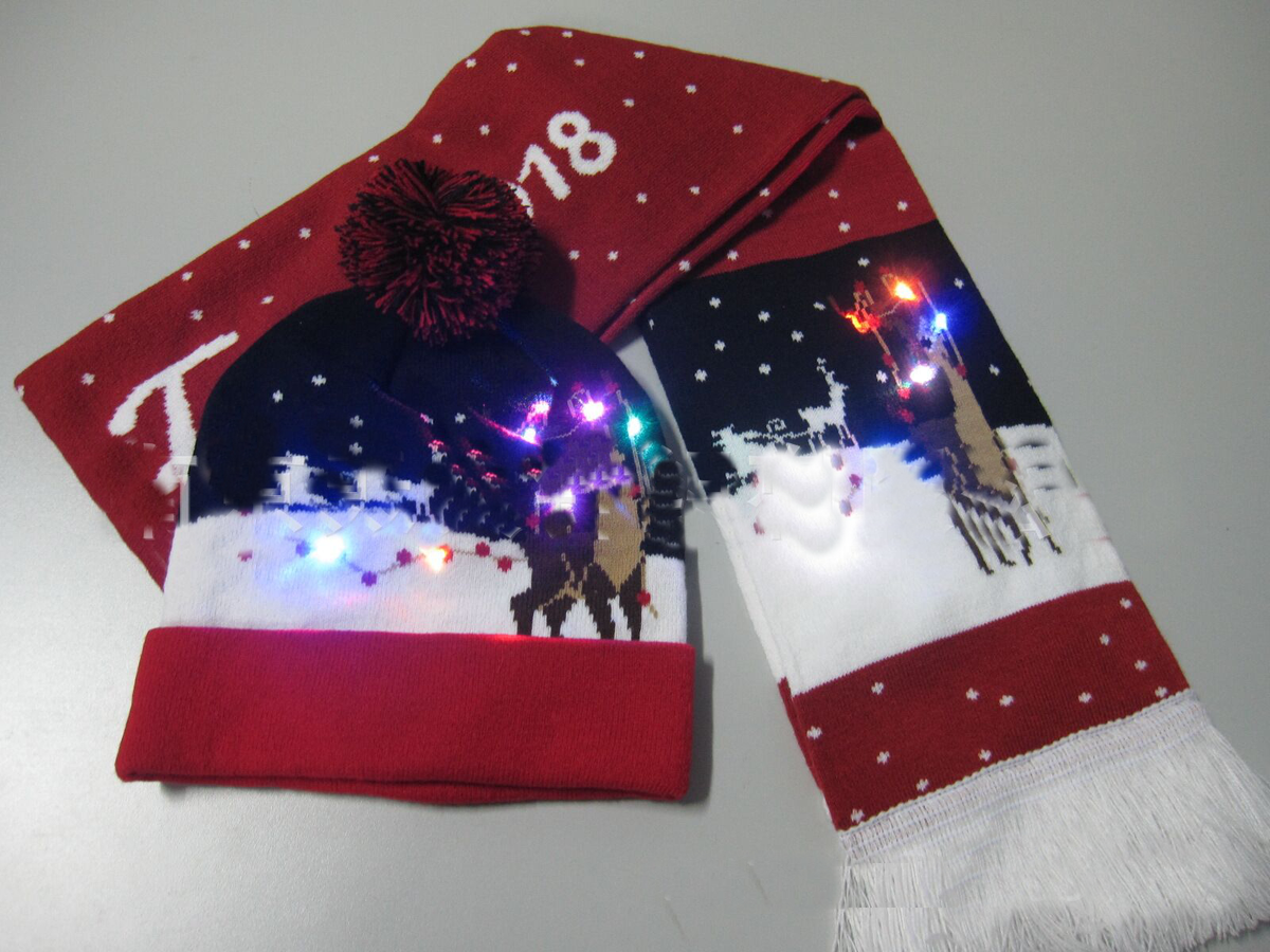 Scarf and Hat Set with LED and Reindeer Design | Embroidered Cap