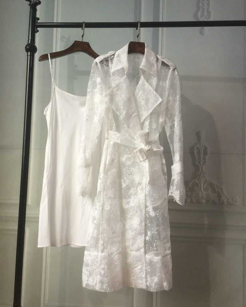 Hooded Lace Trench Coat with Embroidery and Lantern Sleeves