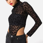 Black Leopard Print Sheer Bodysuit for Women