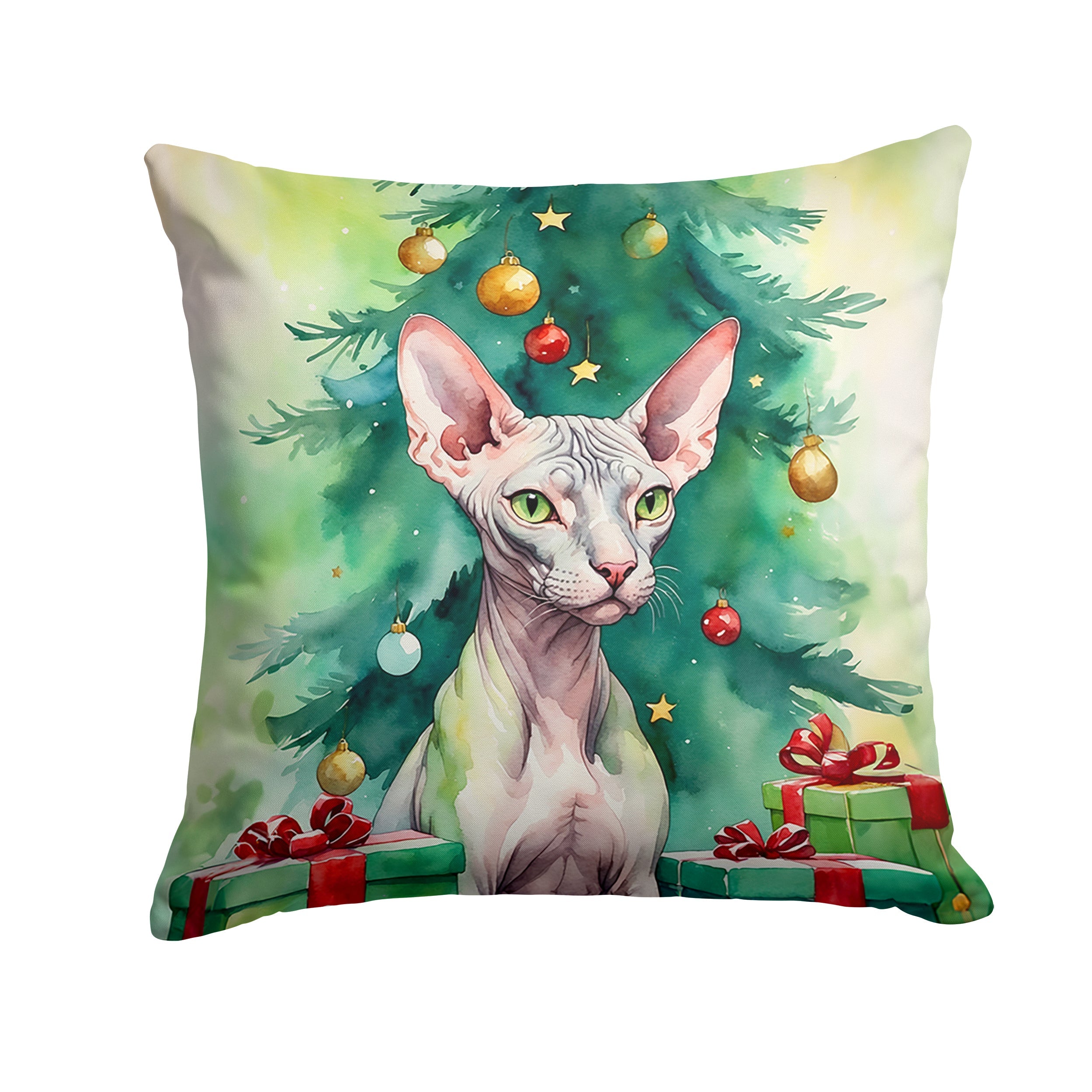 Donskoy Don Sphynx Cat By the Christmas Tree Throw Pillow