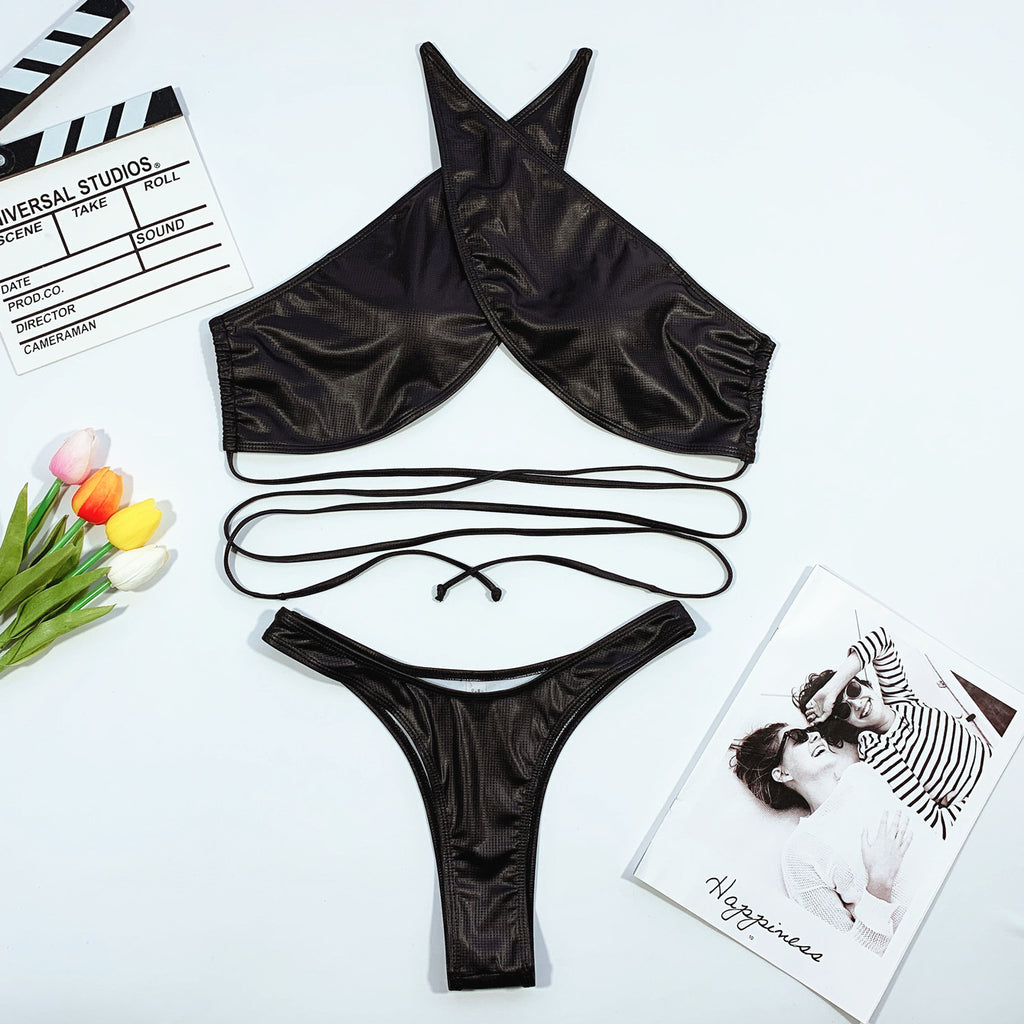 Women's Solid Color Leather Bikini Swimsuit with Straps