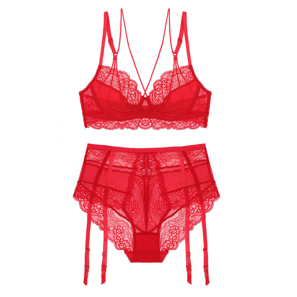 Varsbaby Sexy Lace Back Lingerie Set with Thigh Highs