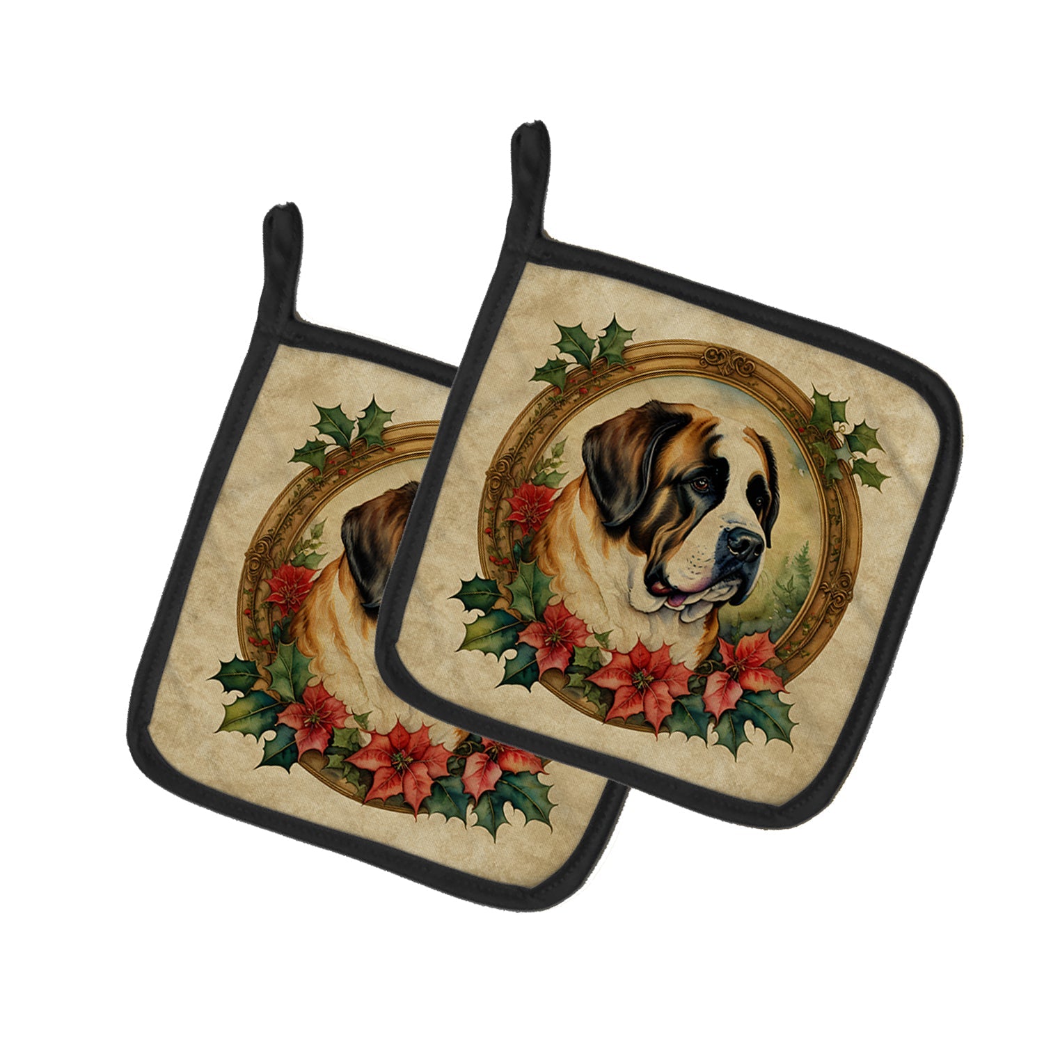 Saint Bernard Christmas Flowers Pair of Pot Holders