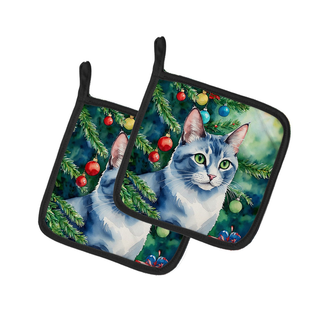Ojos Azules Cat By the Christmas Tree Pair of Pot Holders
