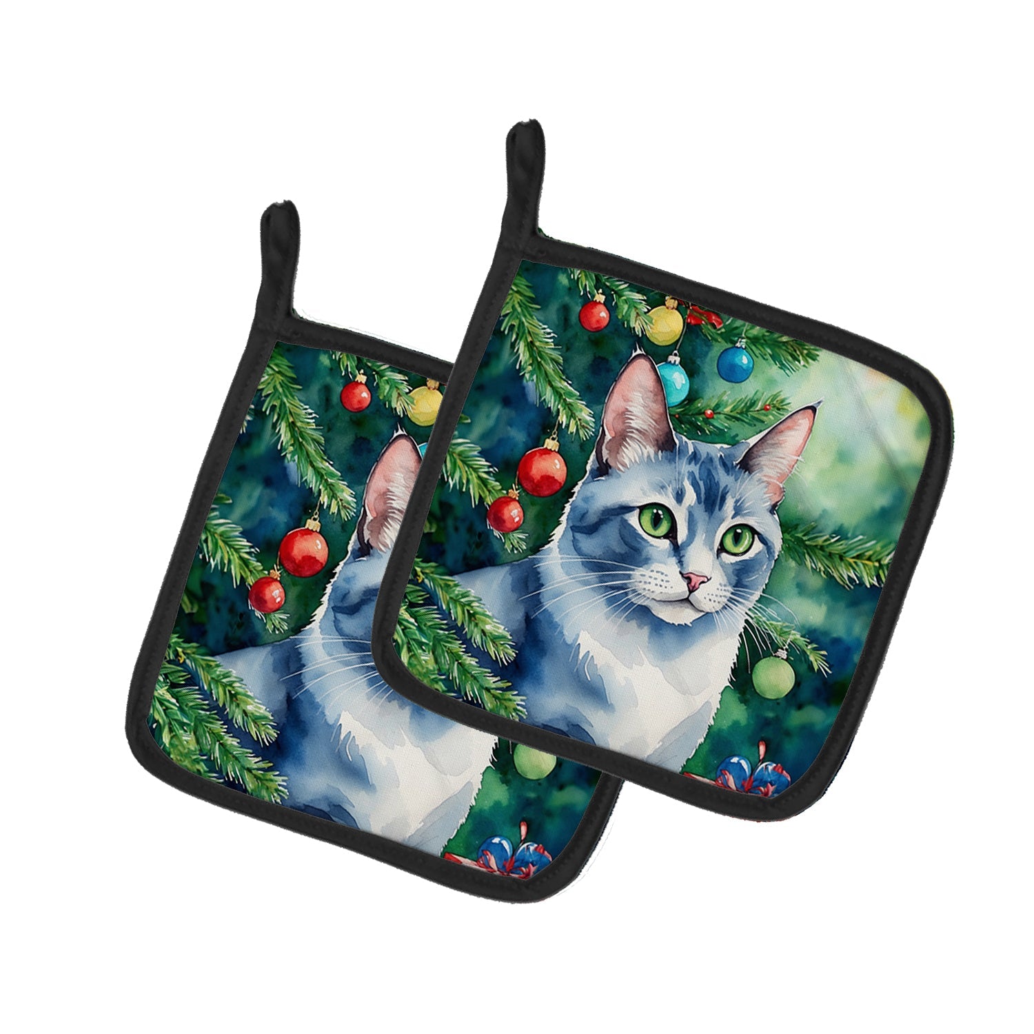 Ojos Azules Cat By the Christmas Tree Pair of Pot Holders