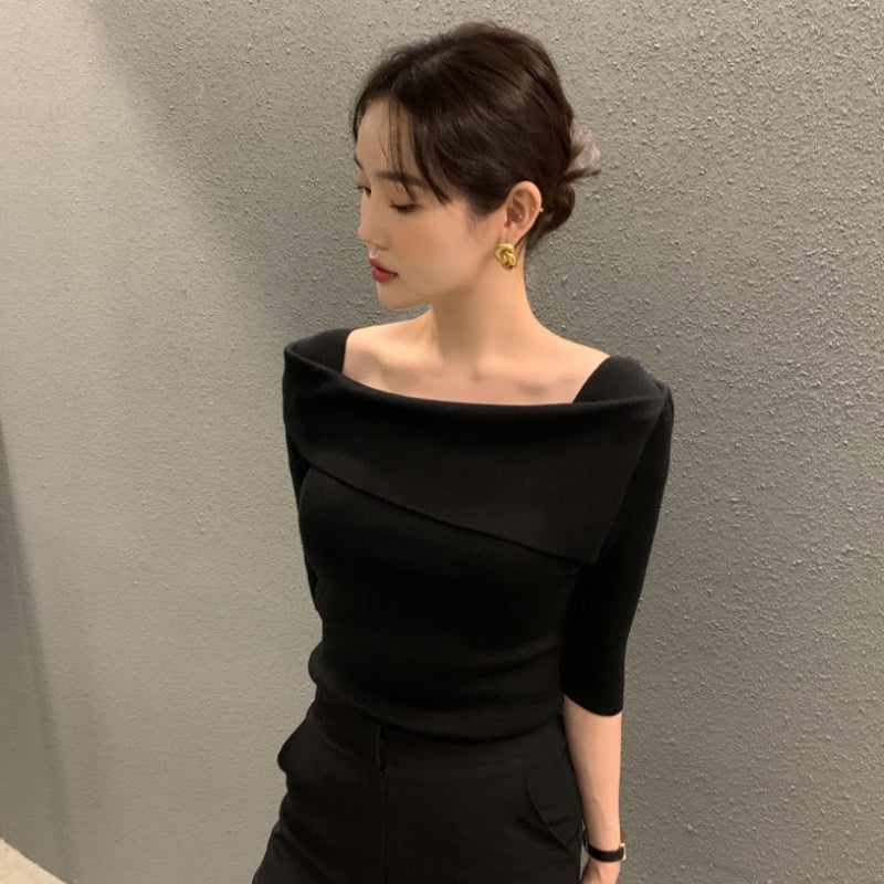 Slim Fit One-Line Neck Knit Sweater for Women