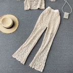 Hollow Lace Wide Leg Knit Pants and Crop Top Set