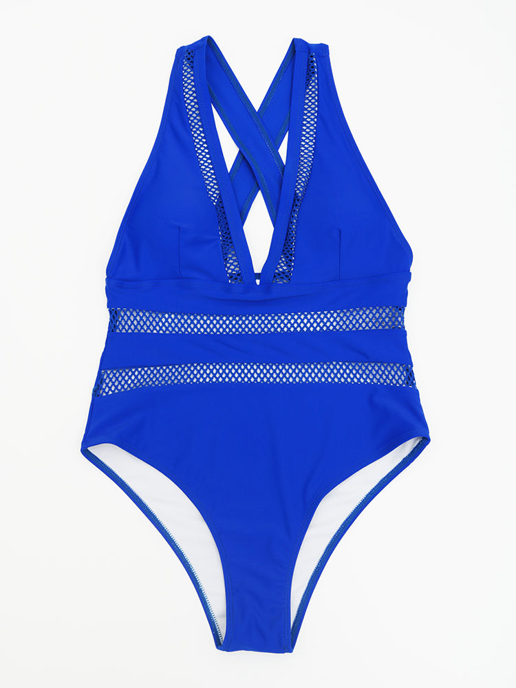 New Sexy Mesh Patchwork Deep V-Neck One Piece Swimsuit