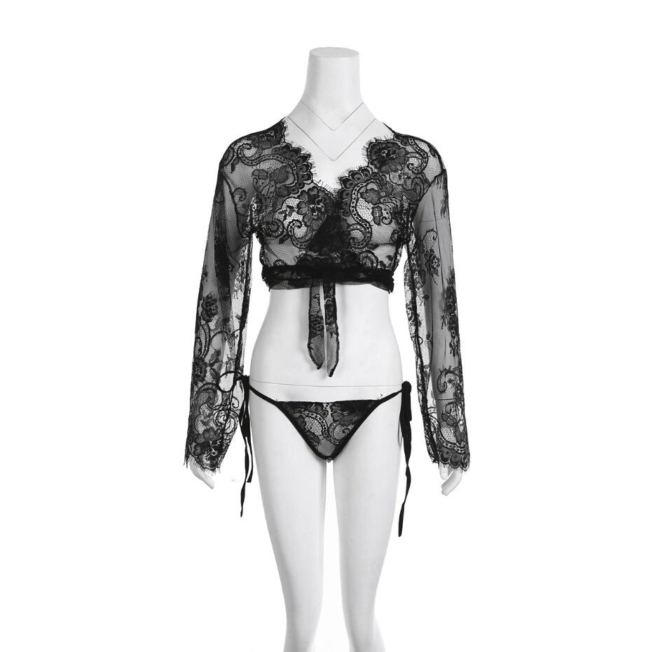 Sheer Lace Tie-Front Lingerie Top and Panty Set