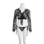 Sheer Lace Tie-Front Lingerie Top and Panty Set