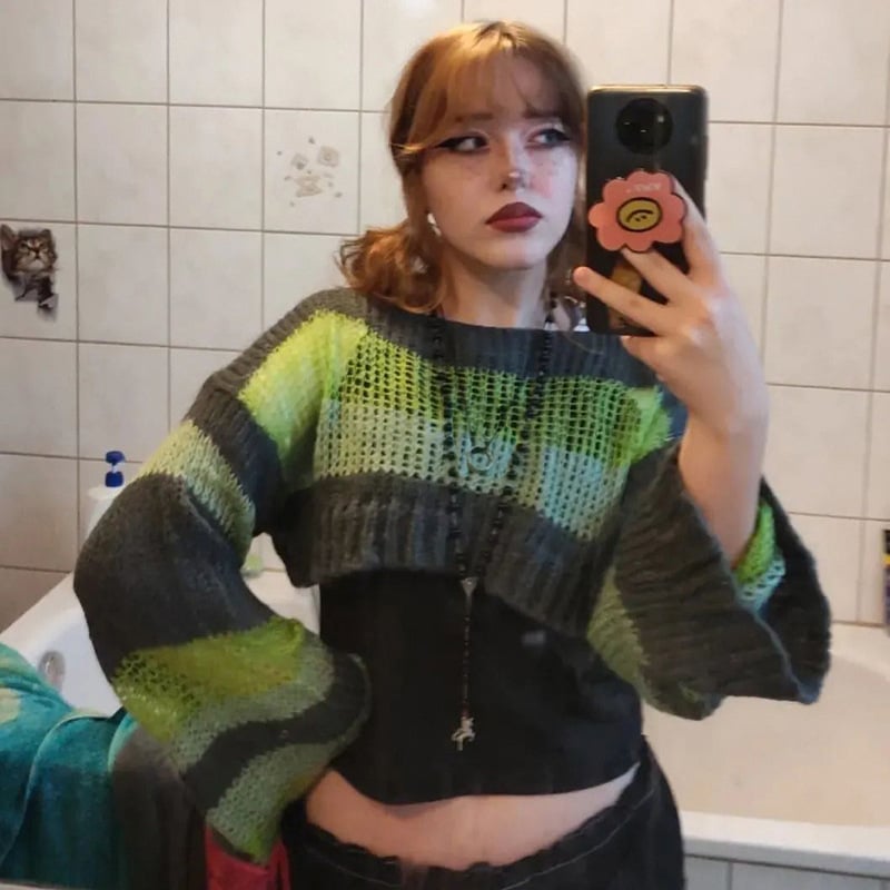 Color Block Hollow Perspective Wool Short Blouse