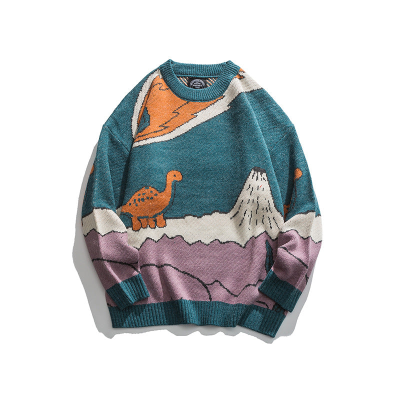 Loose Fit Patterned Jacquard Round Neck Sweater