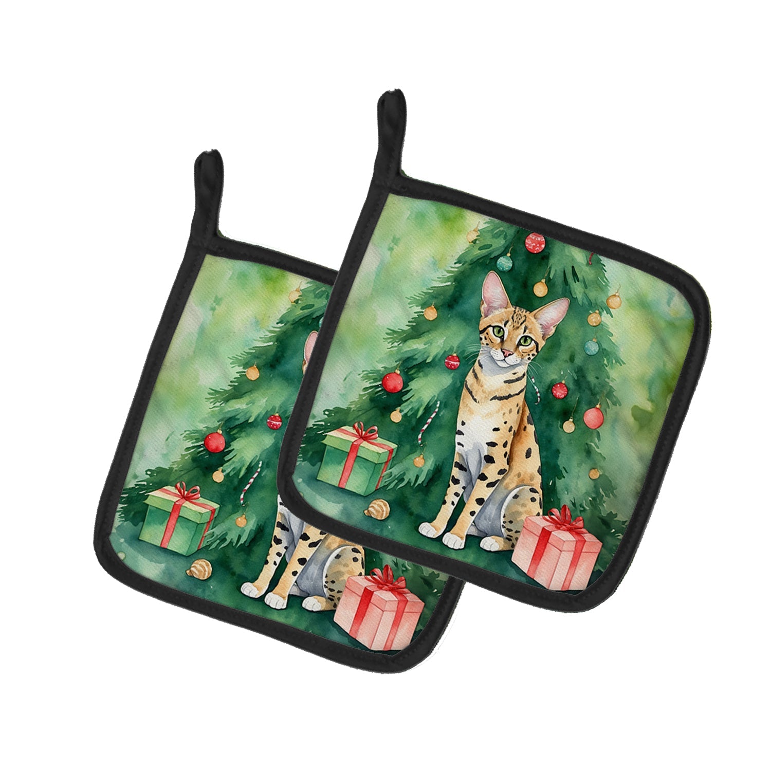 Savannah Cat By the Christmas Tree Pair of Pot Holders