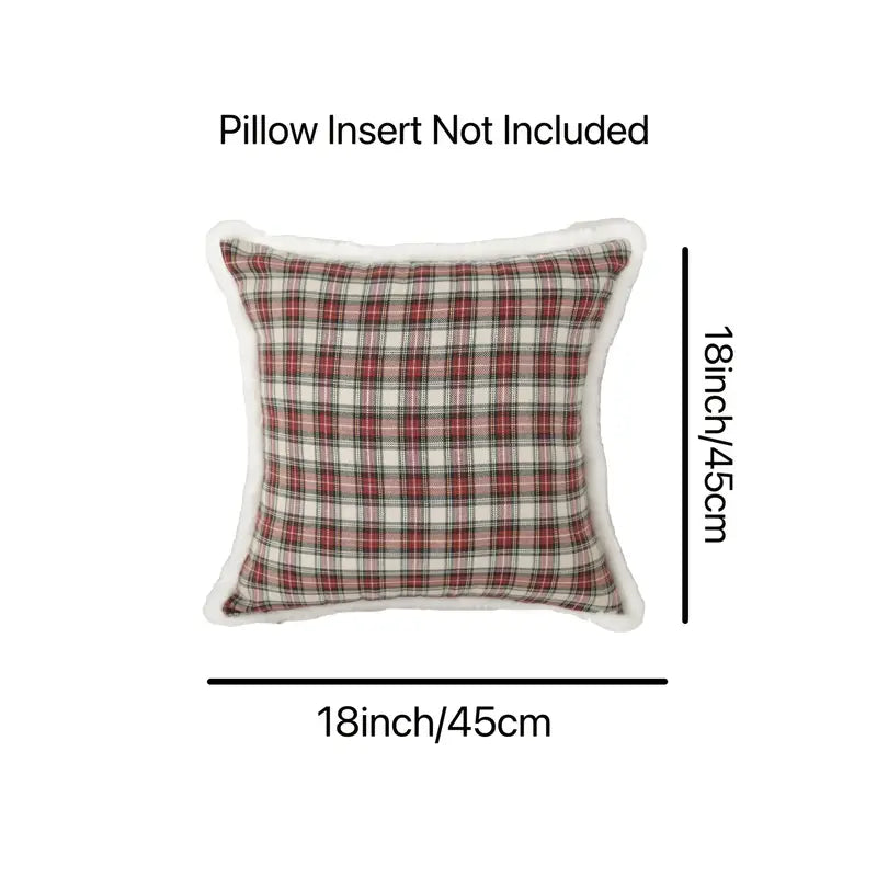 Christmas Red Plaid Pillow Case 18x18in with Rabbit Fur Trim