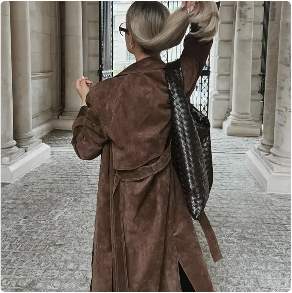 Women's Vintage Double-Breasted Suede Long Coat with Belt