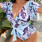 Plus Size V Neck Wrap One Piece Swimsuit with Ruffles