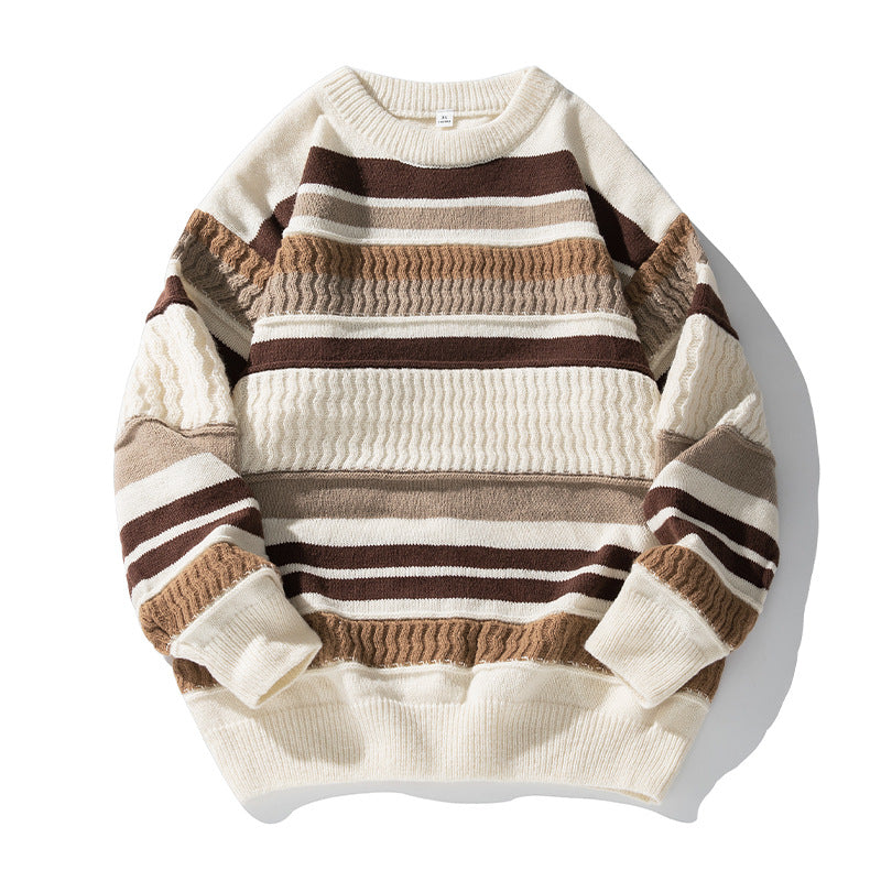 Striped Twisted Patchwork Round Neck Sweater for Men