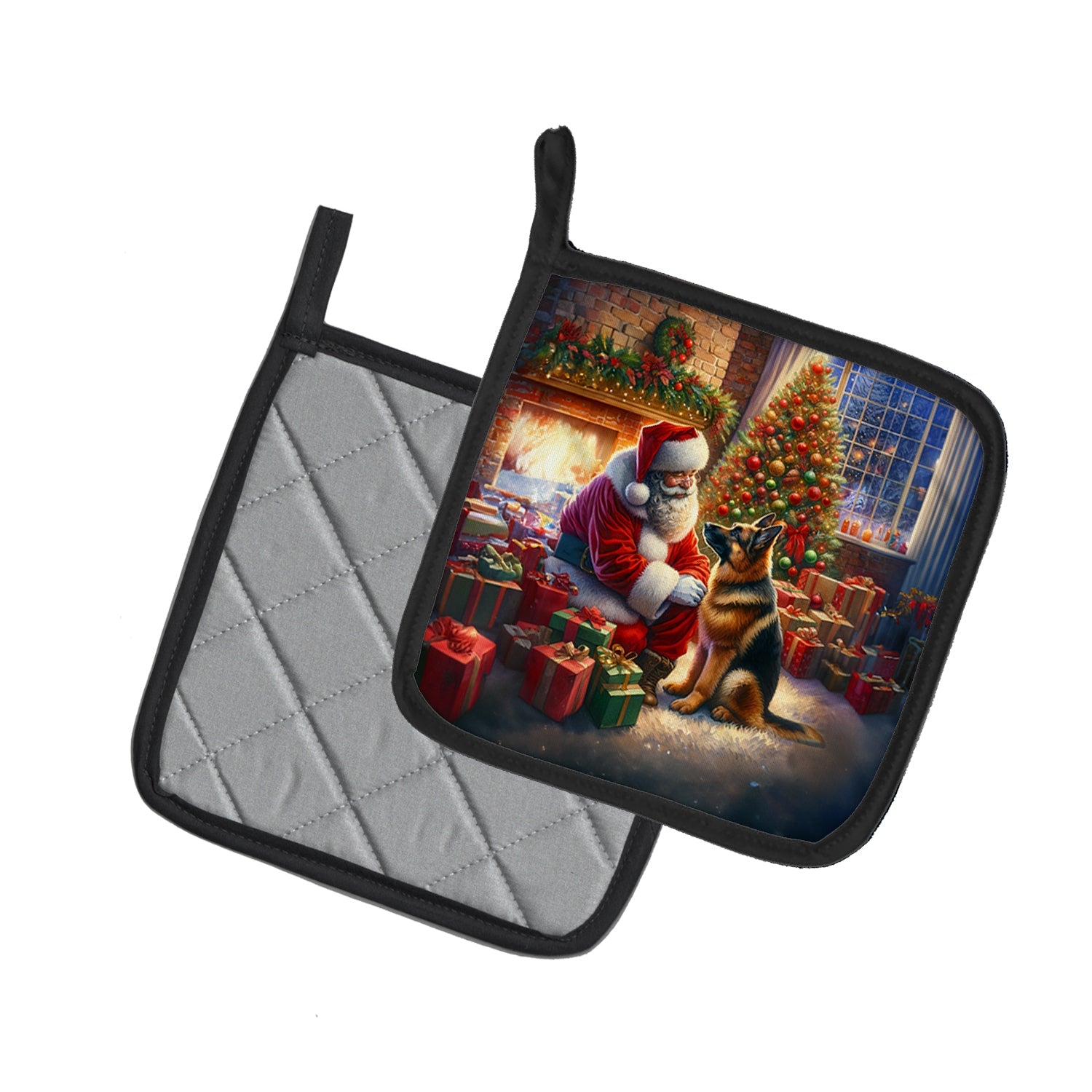 German Shepherd and Santa Claus Pair of Pot Holders