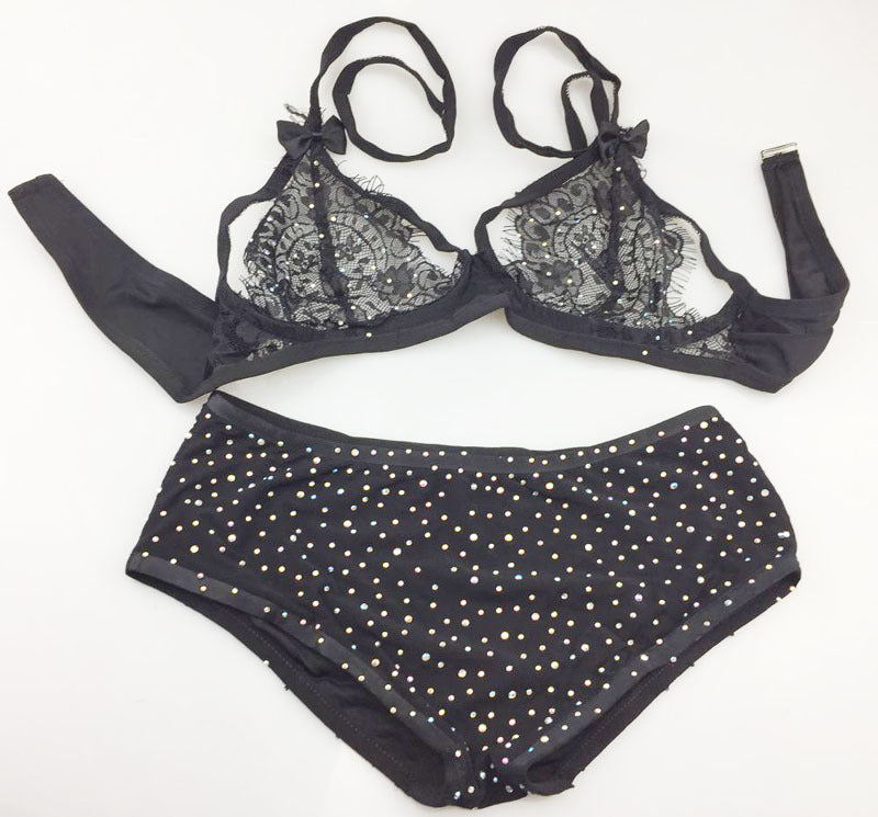 Rhinestone Sheer Lace Bra and Panty Lingerie Set