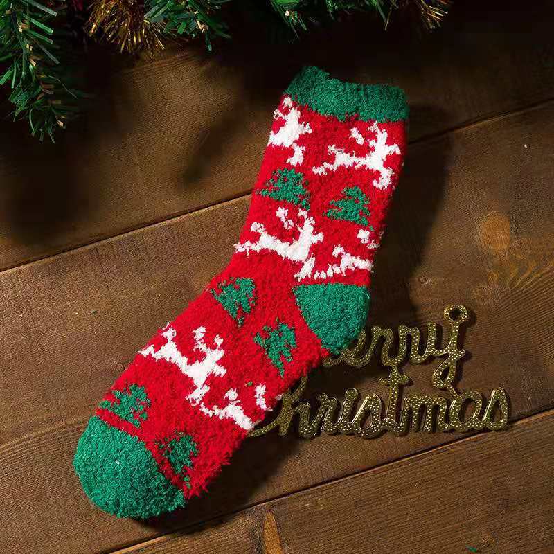 Elderly Elk Half Fleece Christmas Socks for Adults