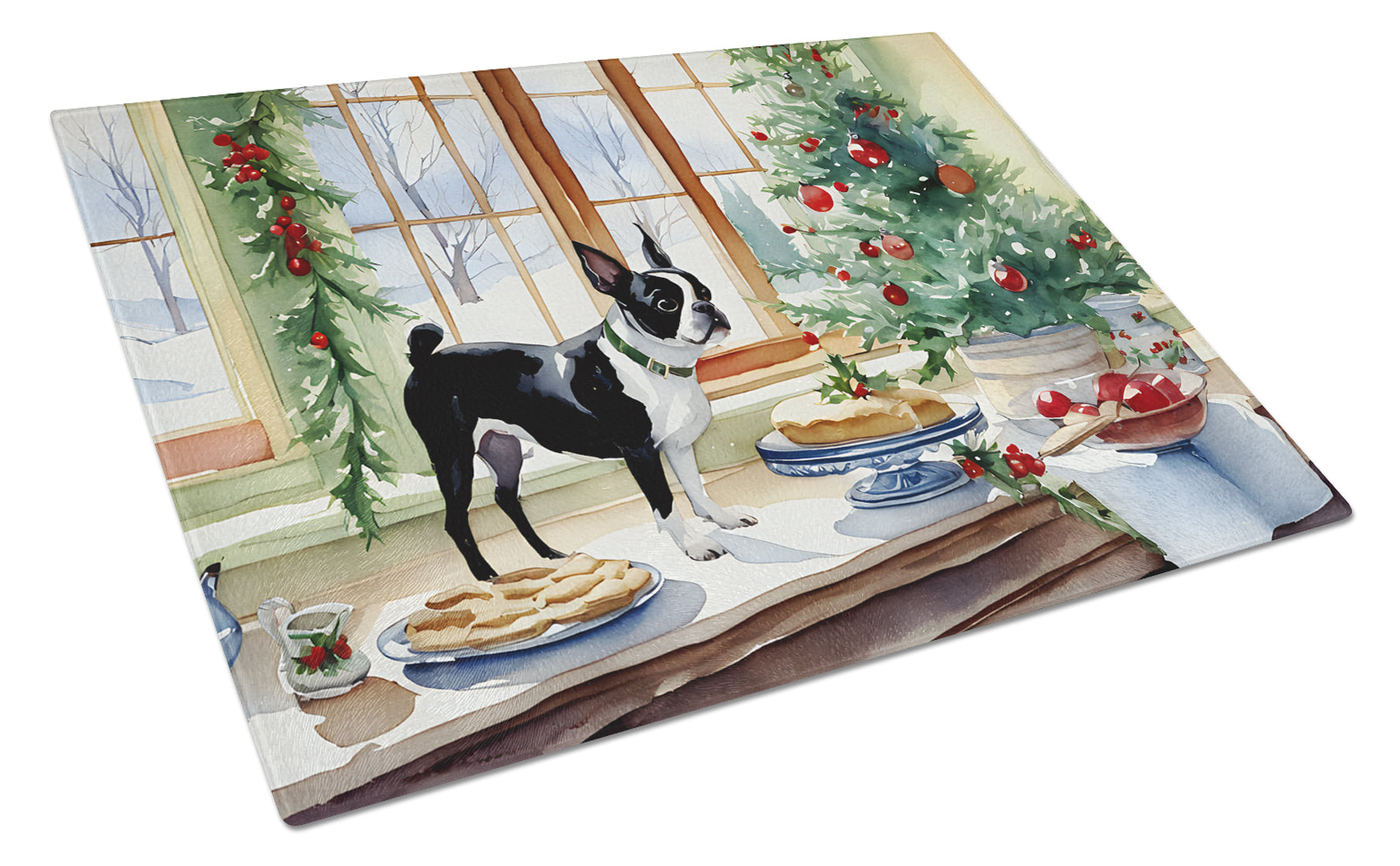 Boston Terrier Christmas Cookies Glass Cutting Board