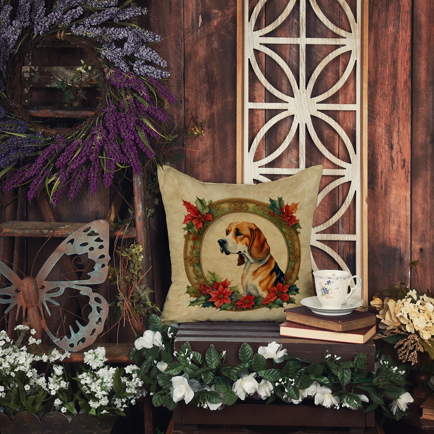 American Foxhound Christmas Flowers Throw Pillow