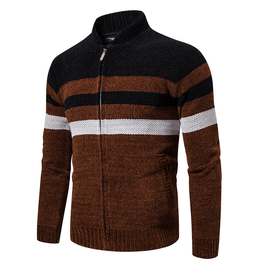 Men's Casual Striped Color Block Stand Collar Sweater