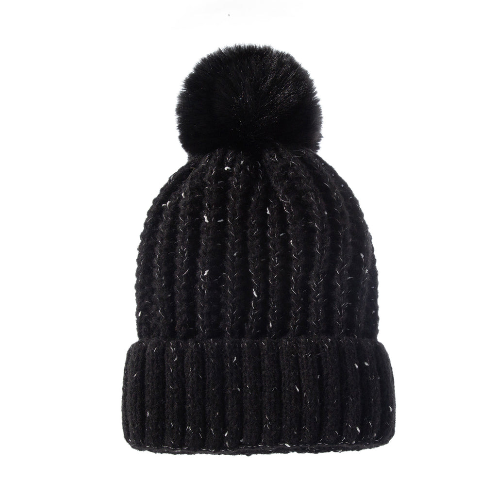 Warm Fleece-lined Knitted Hat with Fur Ball for Women | Embroidered Cap