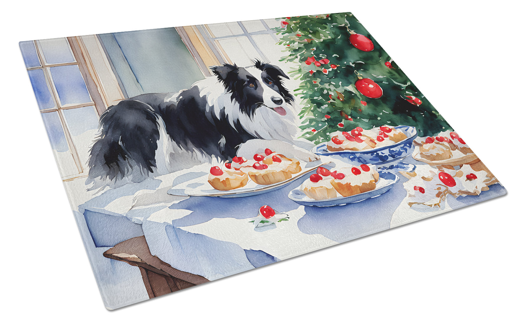 Border Collie Christmas Cookies Glass Cutting Board